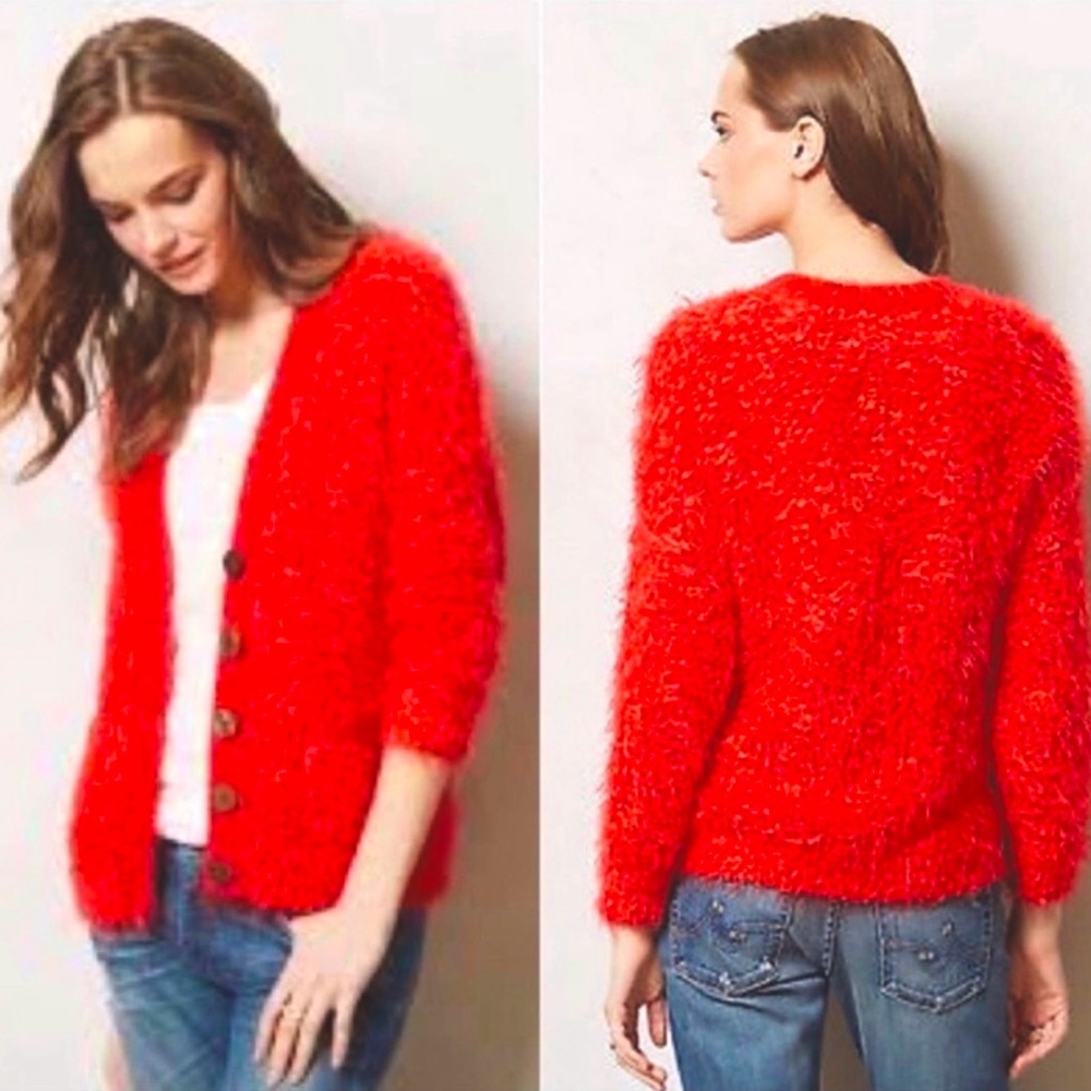NWOT Anthropologie Moth Red Emile Button Front Fuzzy Soft Cardigan Sweater XS